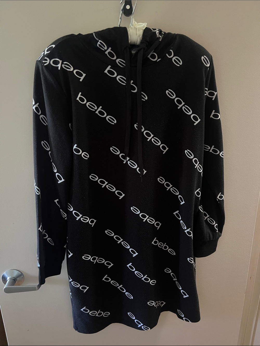 bebe Black Crewneck Hoodie with All-Over Logo